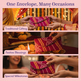 Vibrant magenta bandhani money envelope with paisley patterns, beaded edge