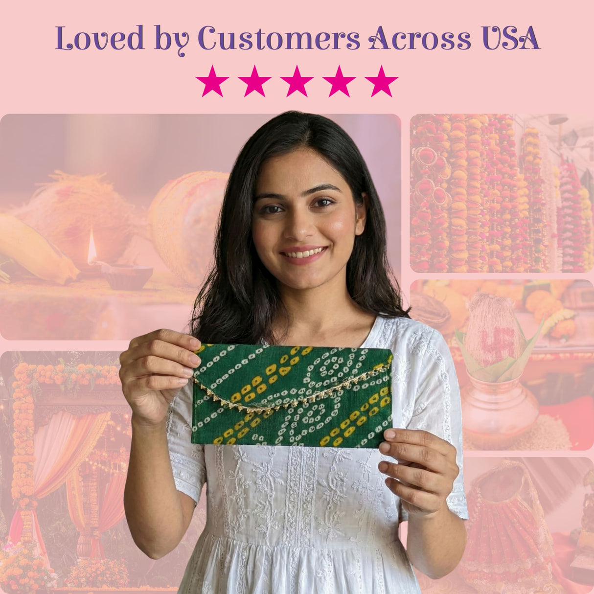 Green yellow bandhani clutch with gold chain strap money envelope