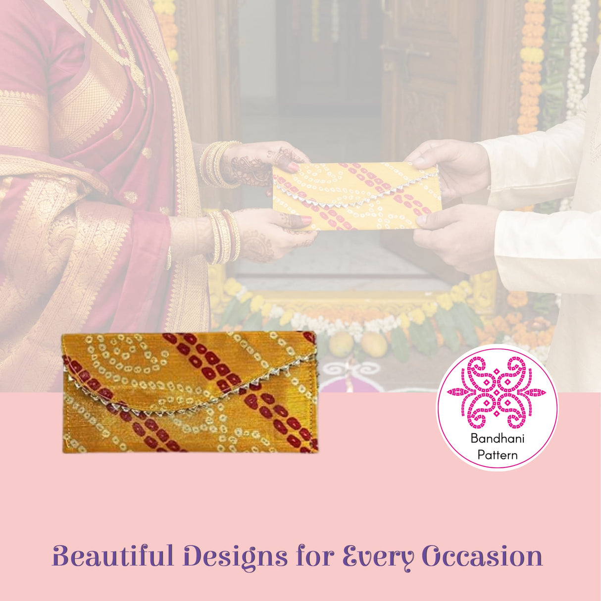 Vibrant yellow bandhani money envelope with red gold pattern, silver chain