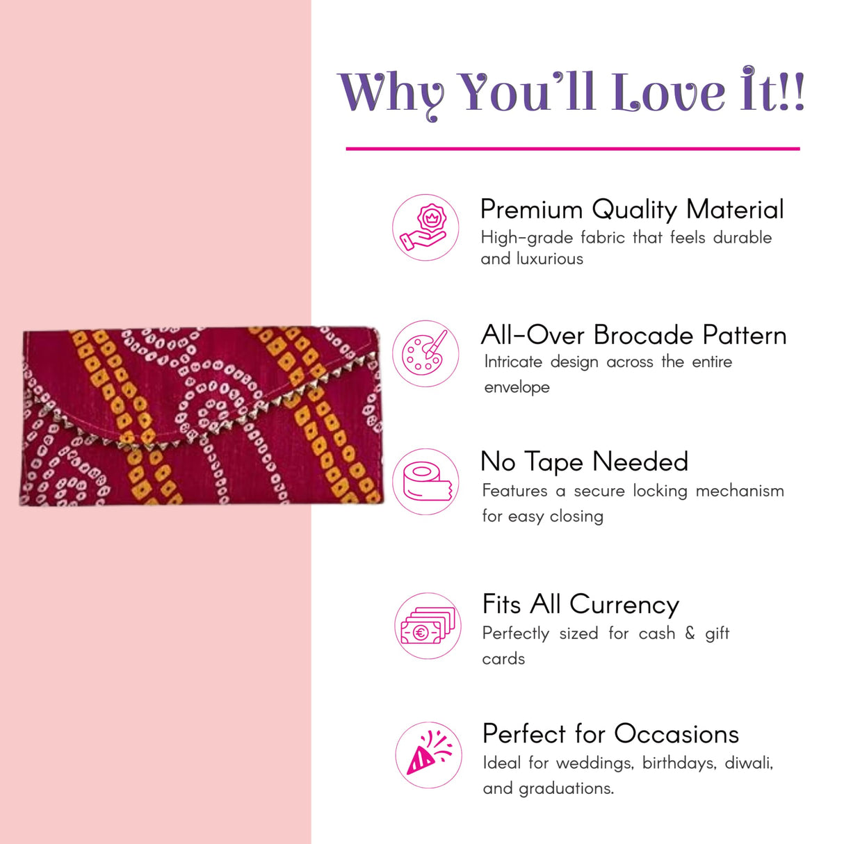 Maroon brocade clutch with gold-white pattern and secure lock for shagun envelopes