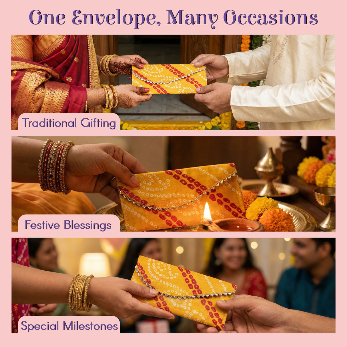 Yellow bandhani money envelope with red white designs silver trim