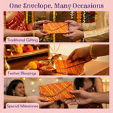 Orange patterned money envelope with gold chain strap, bandhani fabric shagun lifafa