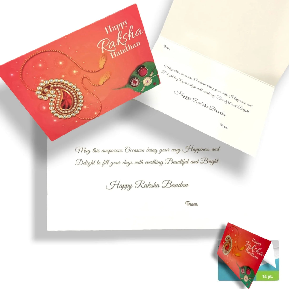 Red rakhi greeting card with gold and red ornate pendant design and happy raksha bandhan in white cursive script