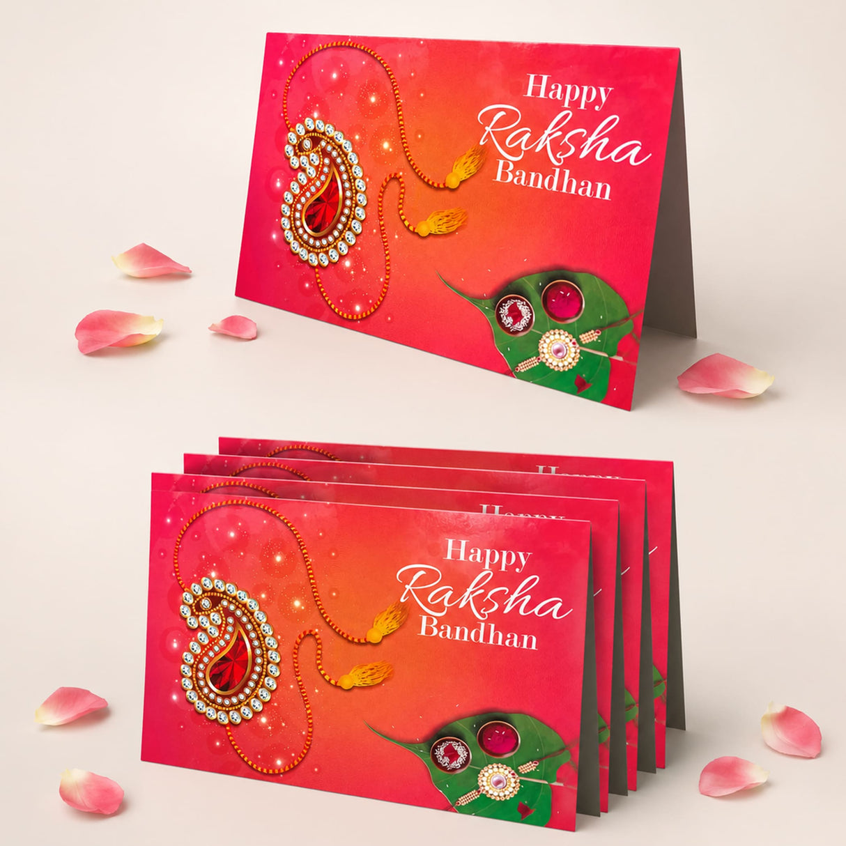 Vibrant red rakhi greeting card with intricate gold and silver paisley embellishments for brother and sister gift pack