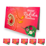 Pack of 5 vibrant red rakhi greeting cards featuring ornate gold and ruby pendant design with traditional rakhi jewelry