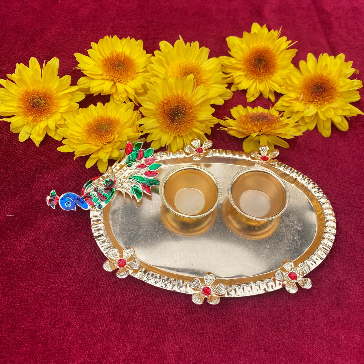 Pack of 6 decorative peacock pooja thali gold plated indian