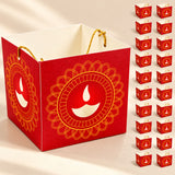 Red paper diwali lantern box with gold and white traditional candle holder design featuring a smiling oil lamp motif