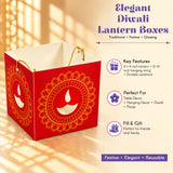 Red cardboard paper diwali lantern box with gold and white patterns for traditional indian festival decor and centerpieces