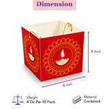 Red cardstock diwali lantern gift box with gold white lantern designs and golden twisted rope handles for festival decor
