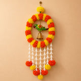 Pack of 1 parrot marigold hanging jhoomer wall hanging with vibrant orange yellow artificial flowers green parrot and golden bell
