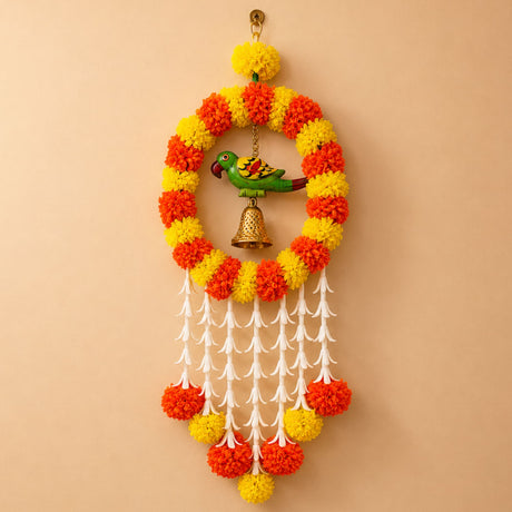 Pack of 1 parrot marigold hanging jhoomer wall hanging with vibrant orange yellow artificial flowers green parrot and golden bell