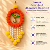 Vibrant orange and yellow artificial marigold hanging jhoomer garland with green parrot charm and golden bell for festive decor