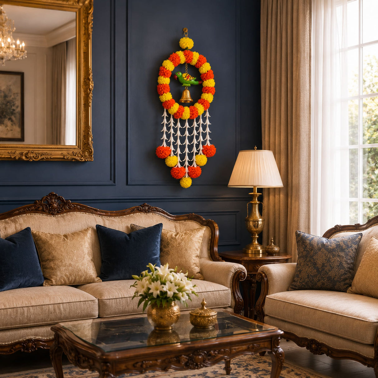 A vibrant orange and yellow artificial marigold garland with a green parrot ornament for Indian wedding and festive decor