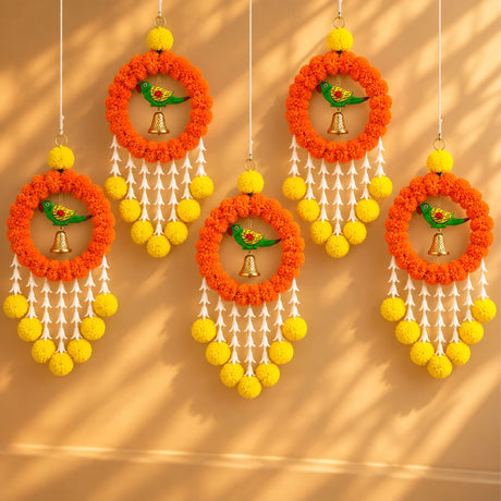 Parrot artificial marigold hanging jhoomer garland with orange yellow pom-poms green bird charm and golden bell for decor