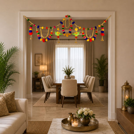 Colorful pom-pom and bead 40-inch parrot moti door toran with golden tassels for ethnic festival and wedding decor