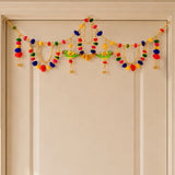 Forty inches parrot pompom indian moti door toran with green parrots red beaks colorful pom-poms golden chains for festival decor
