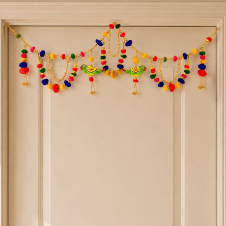 Forty inches parrot pompom indian moti door toran with green parrots red beaks colorful pom-poms golden chains for festival decor