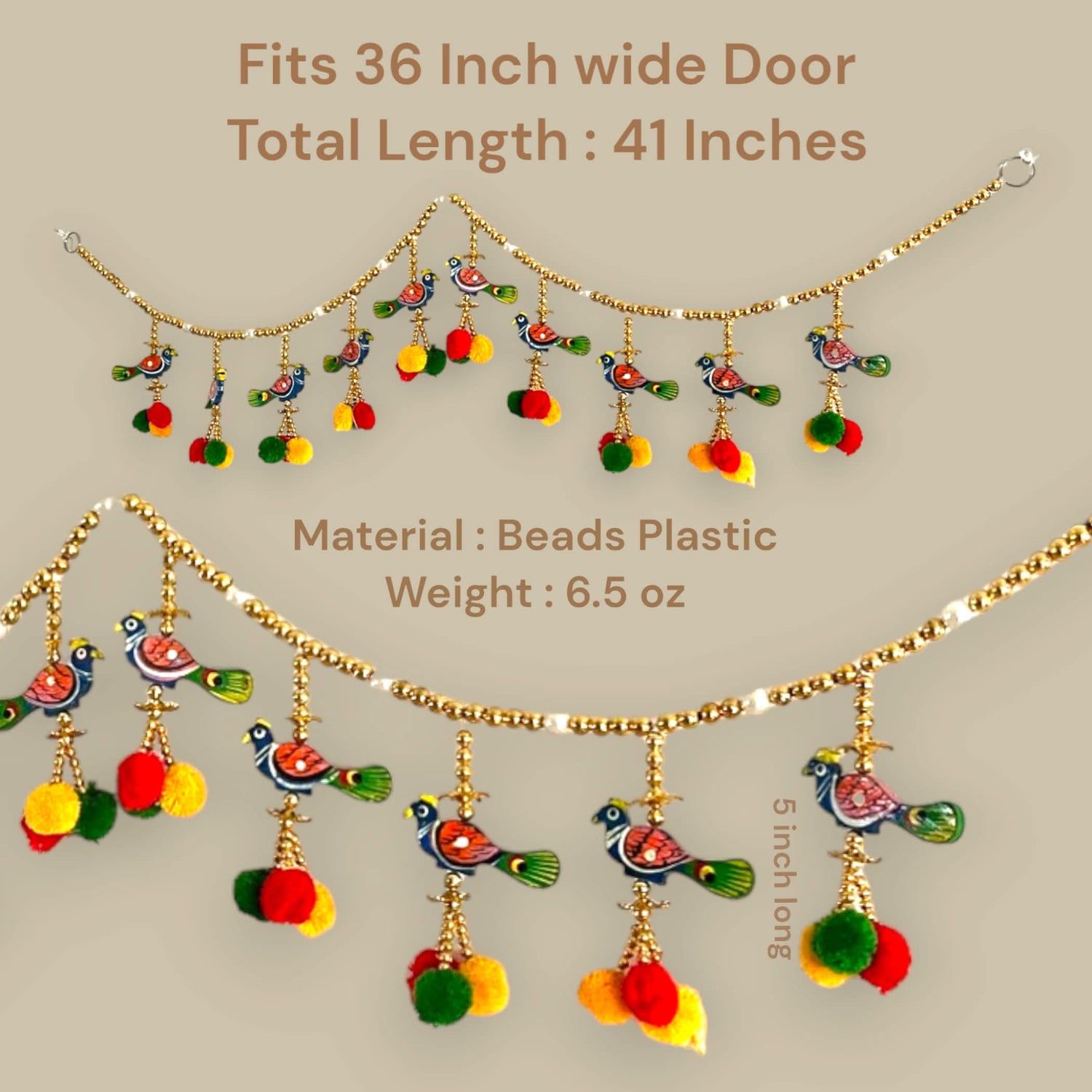 Door Toran Hanging Peacock Beads Bandarwal for Home Pooja Decor Indian Vintage Traditional Main Door Wall Hanging Diwali Decoration Wedding Favor Housewarming Return Gift (size 36x5 Inches) - LoveNspire