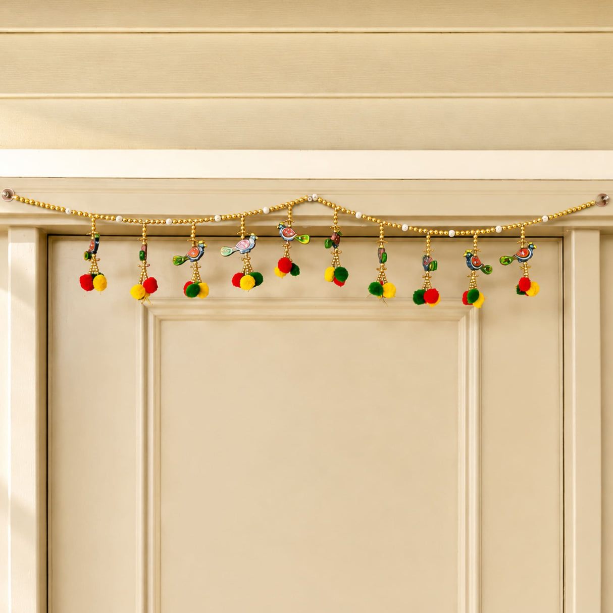Peacock bead door toran with golden beads colorful embroidered birds and red yellow green orange pompoms for festive decor