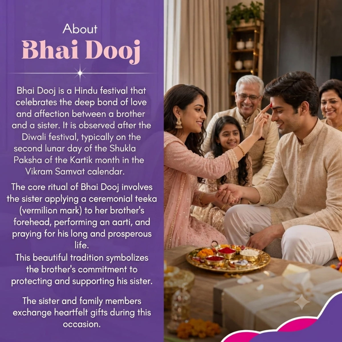 A woman in a light pink embroidered outfit applies vermilion during bhai dooj with peacock rakhi gift hamper set