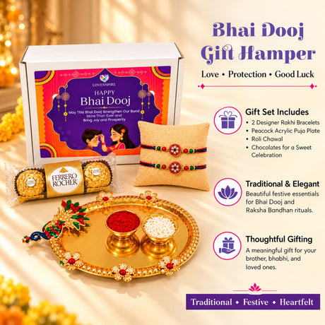 Golden ornate decorative puja plate with red and white powders in jeweled bowls in peacock bhai dooj gift hamper set