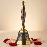 Decorative peacock temple brass bell with intricate blue and gold floral enamel designs for Hindu puja use