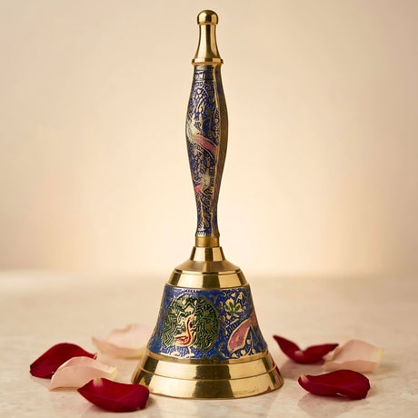 Decorative peacock temple brass bell with intricate blue and gold floral enamel designs for Hindu puja use