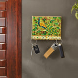 Handcrafted peacock design wooden frame wall key holder with 4 hooks