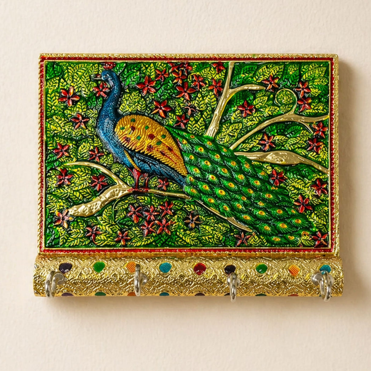 Peacock decorative wood key holder hand crafted with vibrant peacock design gold accents and four hook hanging organizer