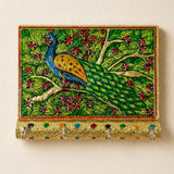 Peacock decorative wood key holder hand crafted with vibrant peacock design gold accents and four hook hanging organizer
