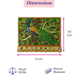 Peacock decorative aluminum key rack with intricate painted peacock on green background and gold border for wall mounting