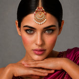 Peacock maang tikka with red and gold plating adorned with pearls traditional Indian wedding forehead jewelry