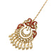 Peacock maang tikka gold plated with red enamel and clear stones adorned with cream pearls for Indian wedding jewelry