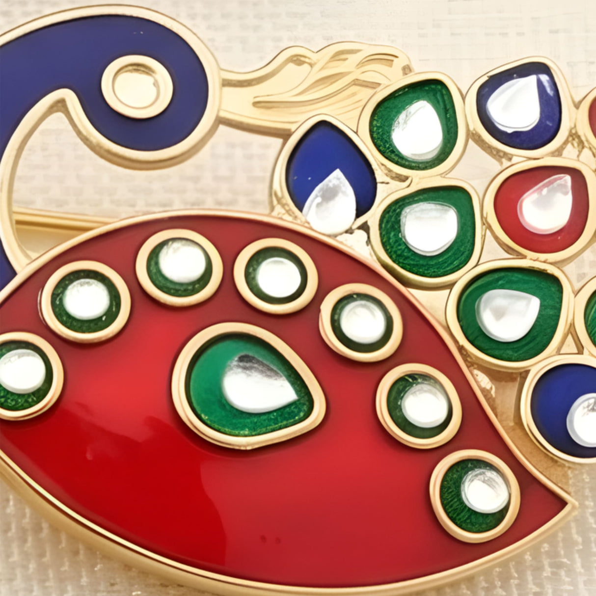 Vibrant enamel peacock brooch with gold-tone metal and multicolor gemstones for decorative haldi kumkum holder use