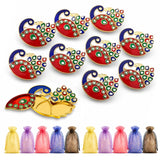 Decorative peacock haldi kumkum holder enamel pins in red and blue with green accents for pooja thali and wedding gifts