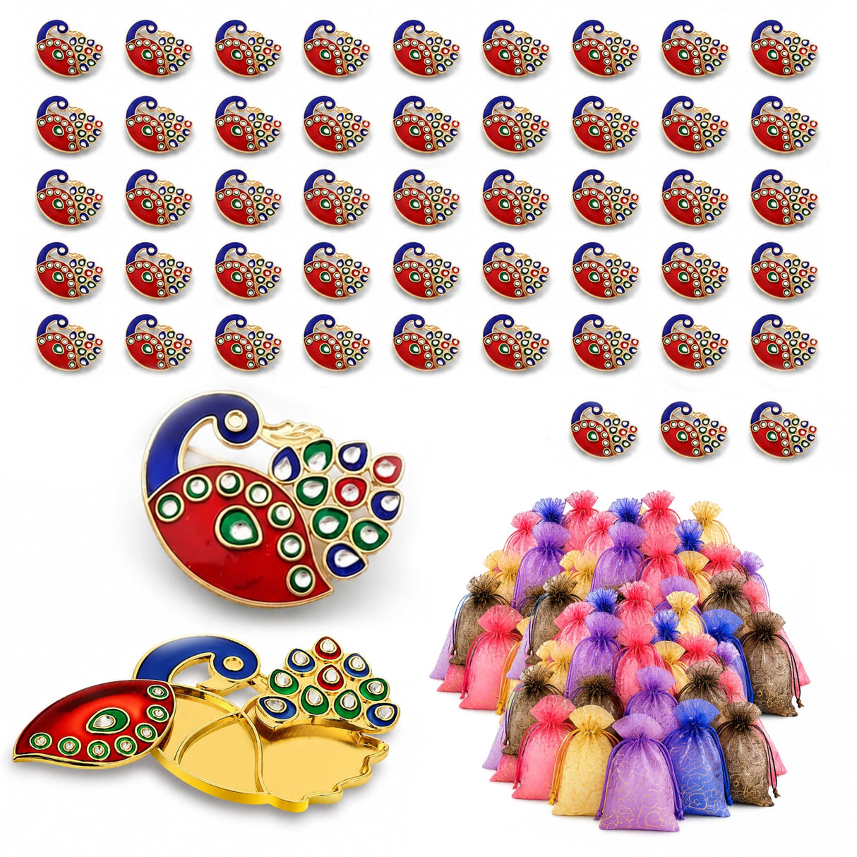 Decorative peacock haldi kumkum holder enamel pins in red and gold with intricate green blue and white detailing for pooja thali and gifts