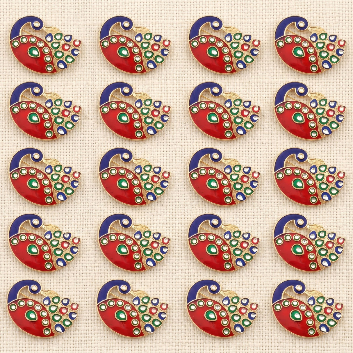 Red and blue enamel peacock-shaped decorative bulk haldi kumkum holders with gold-tone metal edges for indian festivals