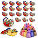 Decorative peacock haldi kumkum holder enamel pins in vibrant red and blue with green white and gold accents for pooja and gifts