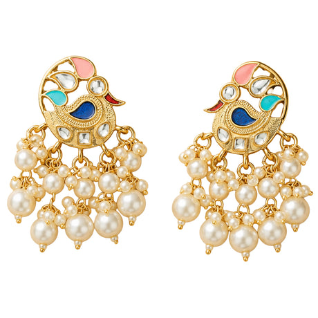 Indian peacock chandbali gold tone earrings with pink blue turquoise enamel clear stones and cream faux pearl dangles