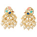 Indian peacock chandbali gold tone earrings with pink blue turquoise enamel clear stones and cream faux pearl dangles