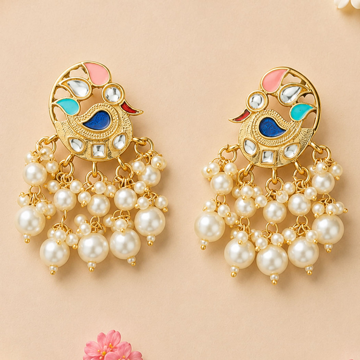 Indian peacock chandbali gold tone earrings with pink blue turquoise enamel clear crystals and cream faux pearls for weddings