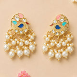 Indian peacock chandbali gold tone earrings with pink blue turquoise enamel clear crystals and cream faux pearls for weddings
