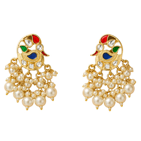 Indian peacock chandbali gold tone dangle earrings with red green blue enamel clear crystals and faux pearl strands