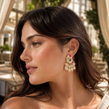 Indian peacock chandbali gold tone chandelier earrings with faux pearls and colorful gemstones for ethnic wear