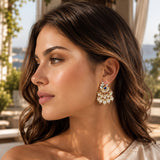 Indian peacock chandbali gold tone dangle earrings with blue gemstone faux pearls intricate metalwork for weddings