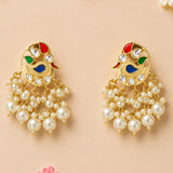 Indian peacock chandbali gold tone earrings with red green blue enamel clear crystals and cascading cream faux pearls