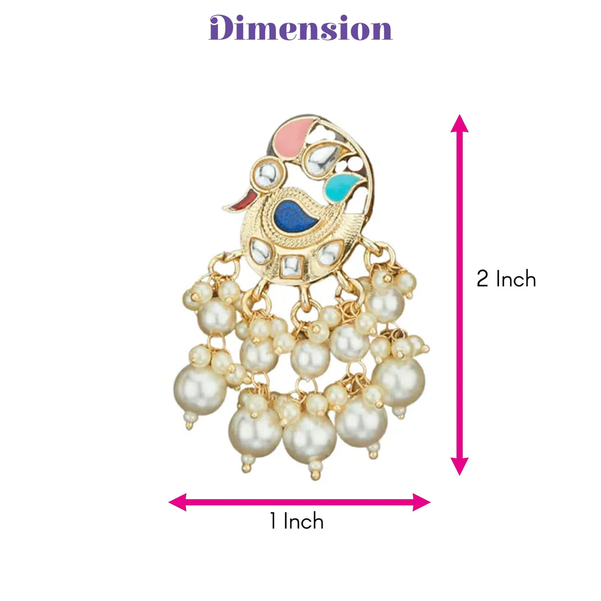 Indian peacock chandbali gold tone earrings with intricate pink blue turquoise enamel and dangling faux white pearls