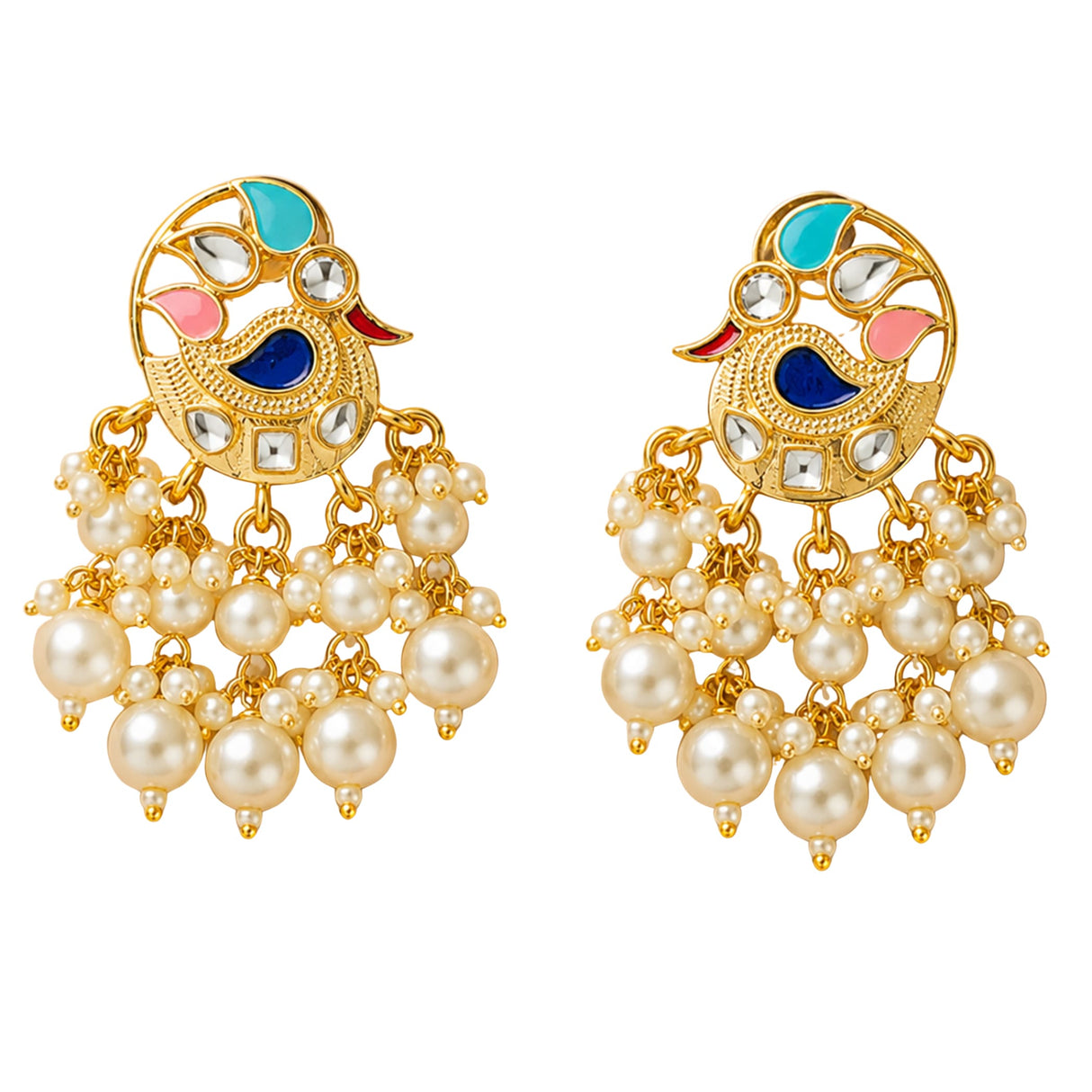 Indian peacock chandbali gold tone earrings with turquoise pink blue enamel clear crystals and faux pearl strands