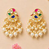 Indian peacock chandbali gold tone peacock earrings with colorful enamel accents and cream faux pearl strands for ethnic wear