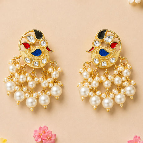 Indian peacock chandbali earrings in gold tone with red blue black enamel clear crystals and cascading faux pearls for ethnic wear